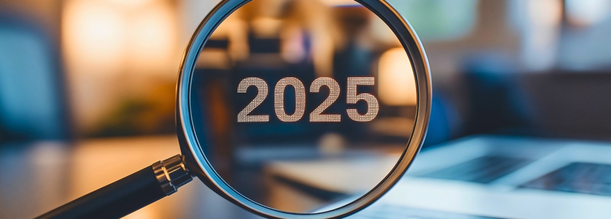 Vergrootglas op een bureau waarop 2025 te zien is